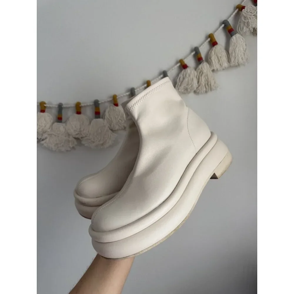 Charles & Keith Nola Leather Chalk White Slip On Ankle Booties Minimalist 38